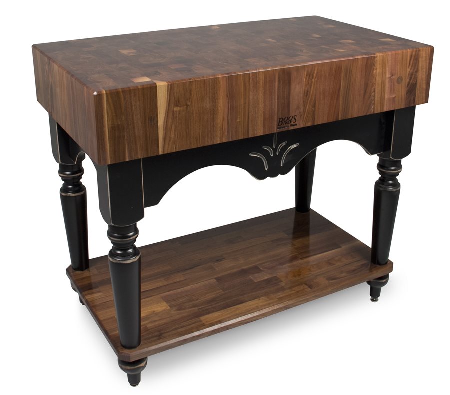 Dark walnut end-grain butcher block table with a black painted base and turned legs